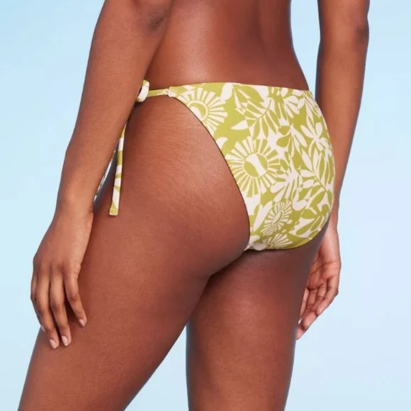 Green & Cream-Floral side Tie- Bikini Bottom - Picture 2 of 4